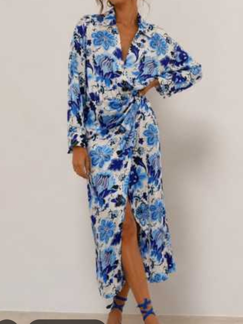 Zara Blue Floral Satin Wrap Maxi Robe